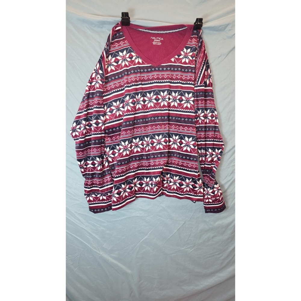 Nautica Womens XXL Burgundy Fair Isle Snowflake Ribbed V-Neck Long Sleeve Top